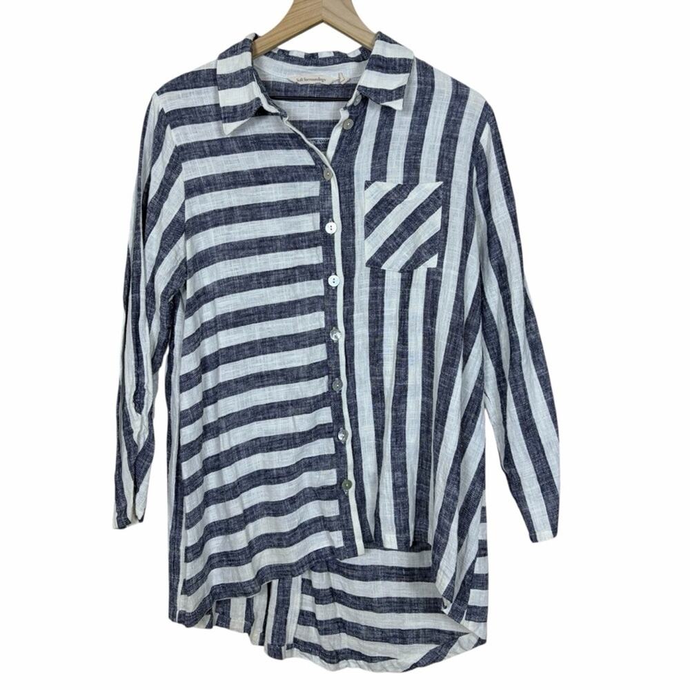 Soft Surroundings Linen Blend Shirt Size Large Blue White Striped Button Down